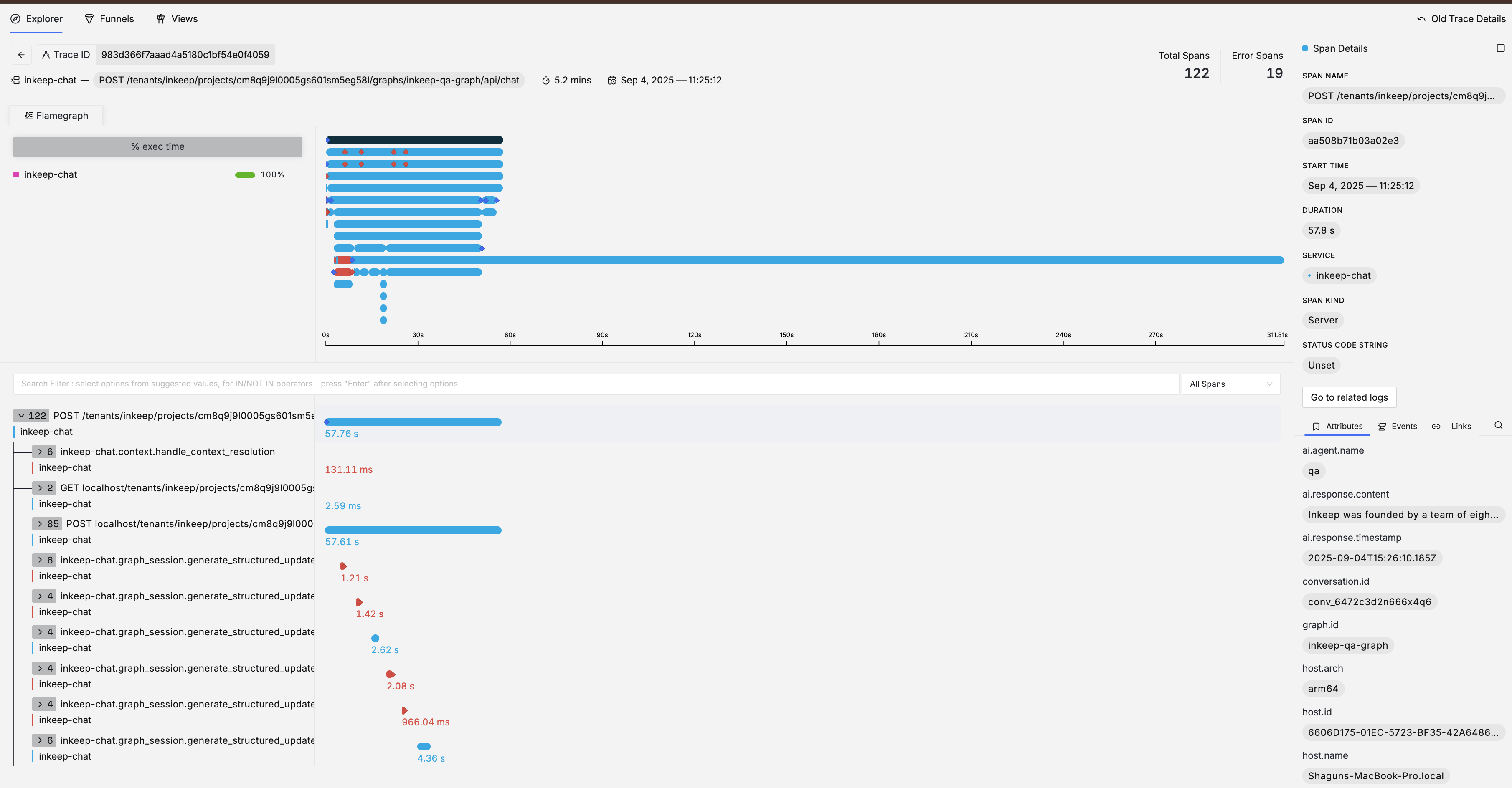 SigNoz Trace Details showing flamegraph visualization with span hierarchy, timing information, and detailed span attributes
